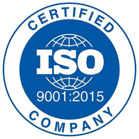 Marchio aziendale certificato ISO 9001:2015 in blu e bianco con icona del globo