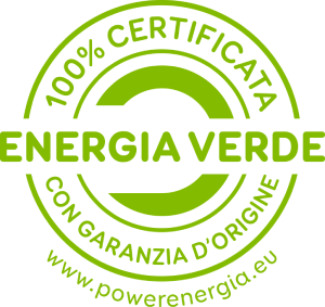 Green circular “100% certificata energia verde” logo with “con garanzia d’origine” and website text.