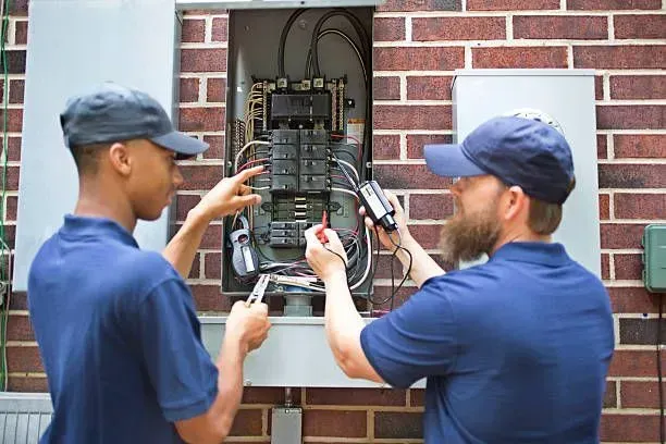 Two people in uniform work together to test an electrical breaker panel on a brick exterior wall.