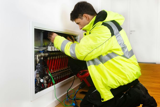 A technician in a high-visibility yellow jacket inspects a residential heating manifold system recessed in a wall.