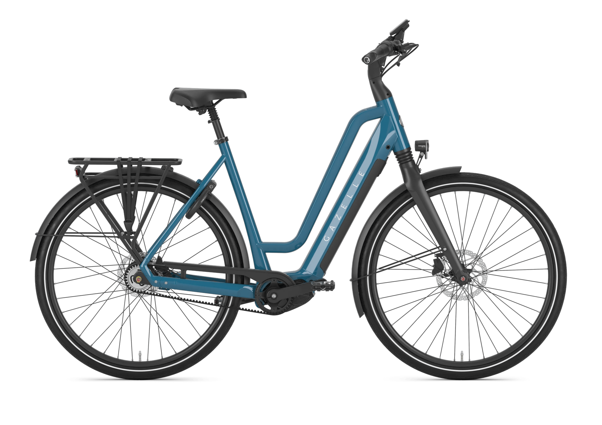 Blauwe Cortina elektrische fiets met spatborden, bagagedrager en schijfremmen.