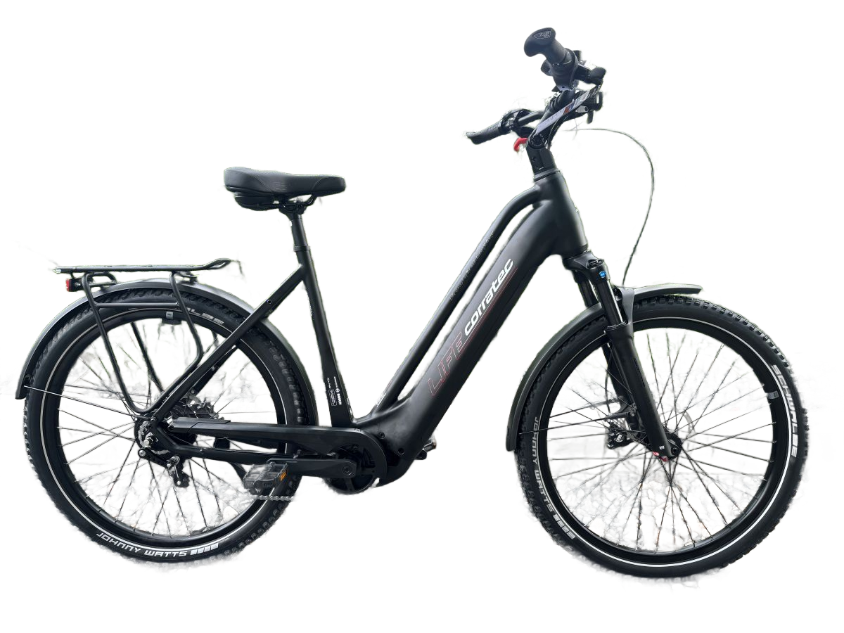 Lichtgrijze elektrische fiets met zwarte spatborden en bagagedrager.