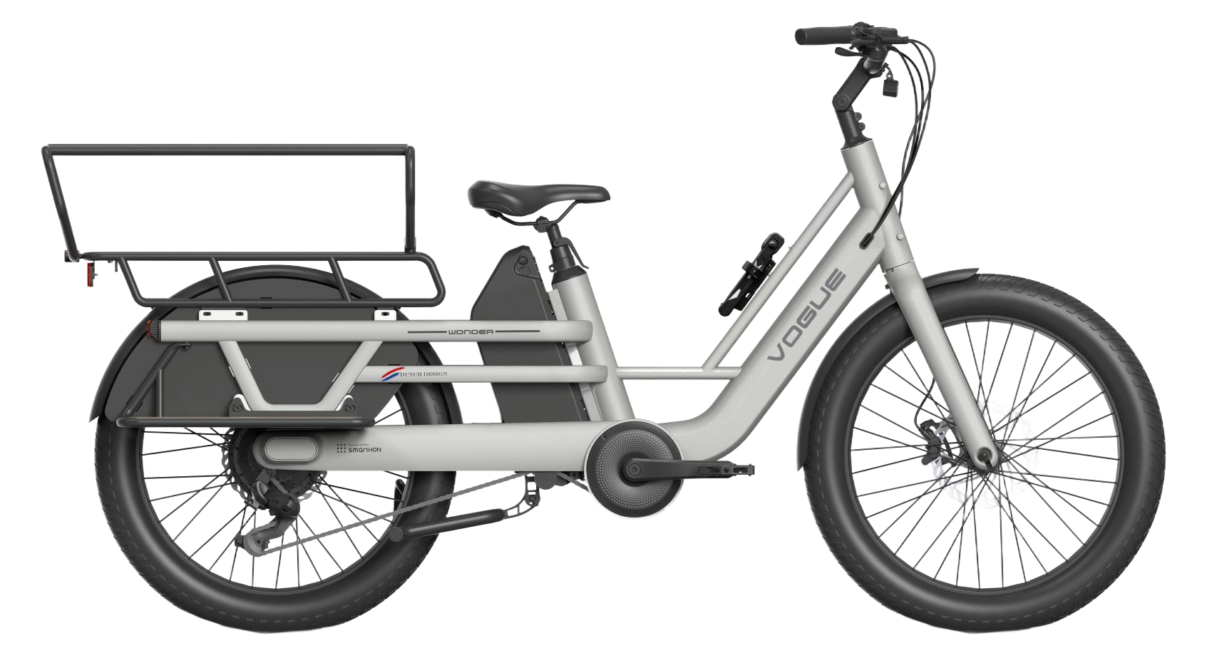 Gouden elektrische fiets met zwarte banden en accessoires.
