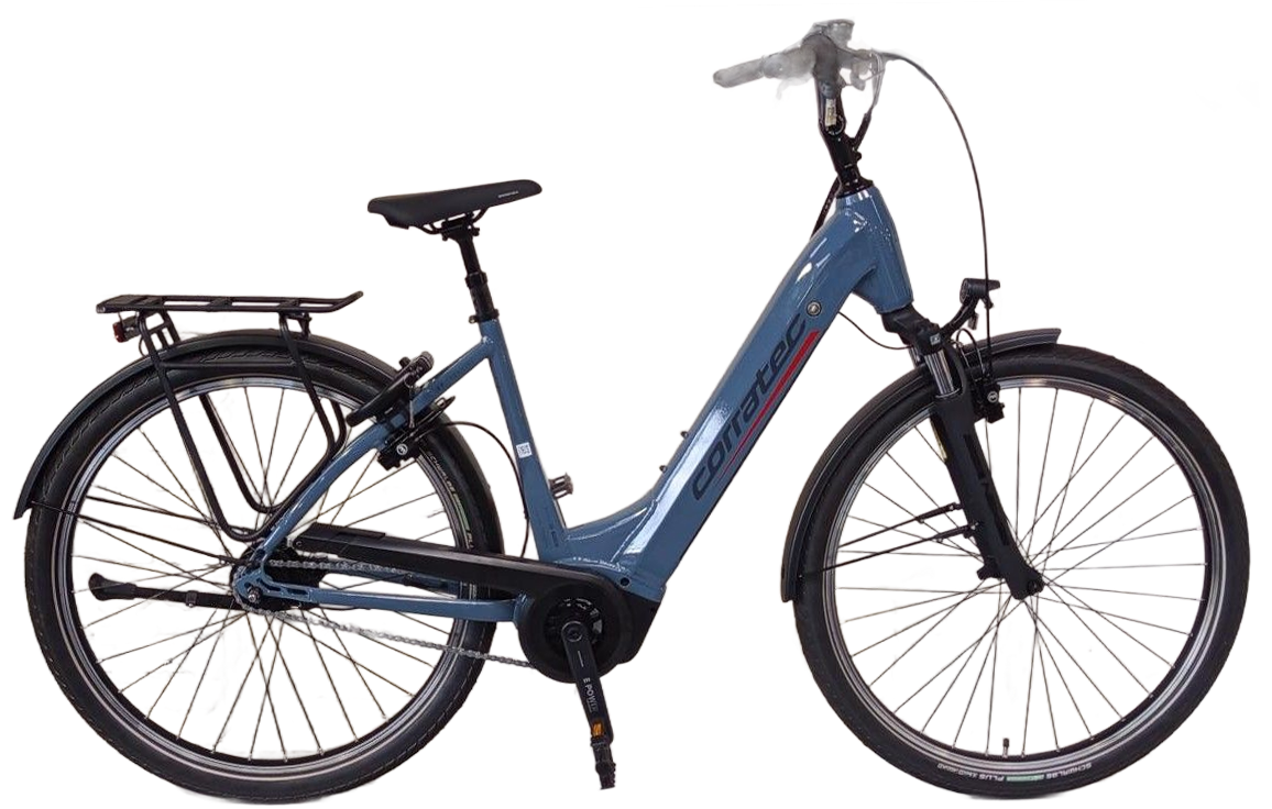Blauwe Cortina elektrische fiets met spatborden, bagagedrager en schijfremmen.