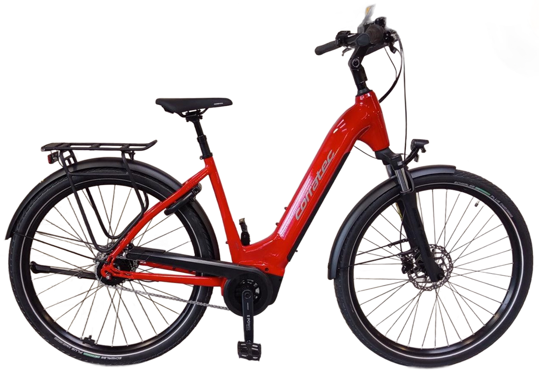 Grijze Vogue elektrische fiets met zwarte spatborden, bagagedrager en banden.