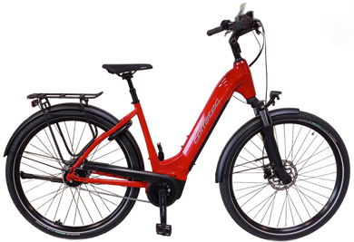Grijze Vogue elektrische fiets met zwarte spatborden, bagagedrager en banden.