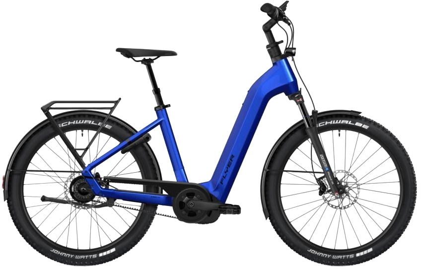 Rode elektrische fiets met zwarte banden en spatborden op een lichte achtergrond.