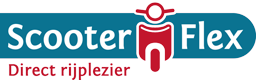 Scooter Flex-logo met scooterafbeelding in het rood, tekst in blauwgroen en de slogan 