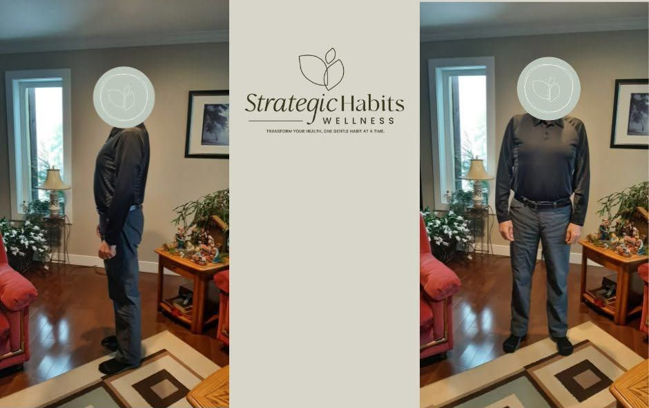 Side-by-side before-and-after photos of a standing person in a living room, one side-view and one back view.