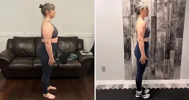 Side-by-side full-body profile photos of a person in athletic wear, standing indoors in a living room and in front of a mural.