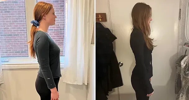 Side-by-side profile photos of a person in a dark top, standing indoors by a window and against a plain wall.