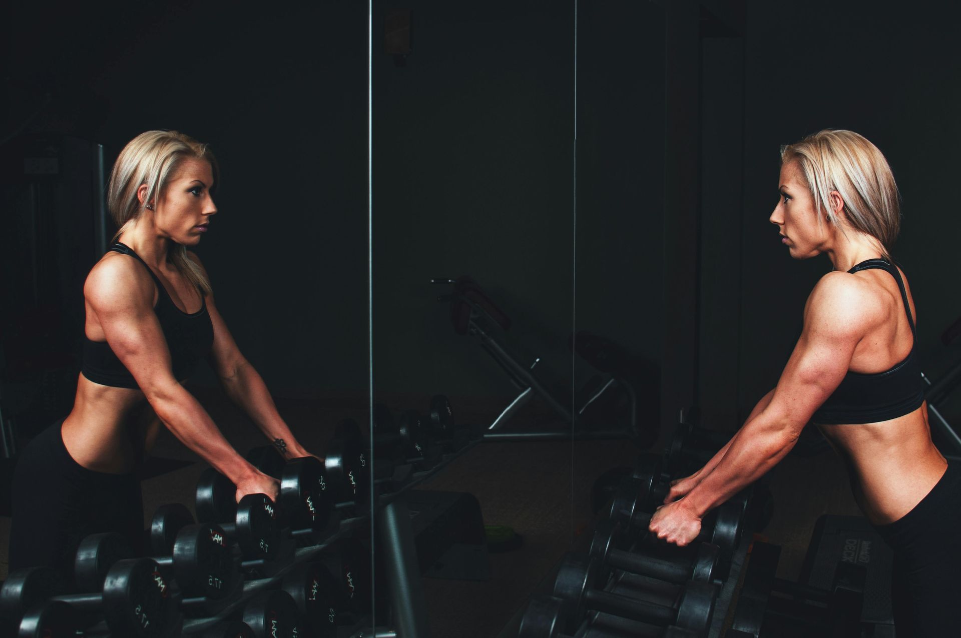 Side-by-side gym photos of a person in black workout clothes lifting dumbbells in a dark setting