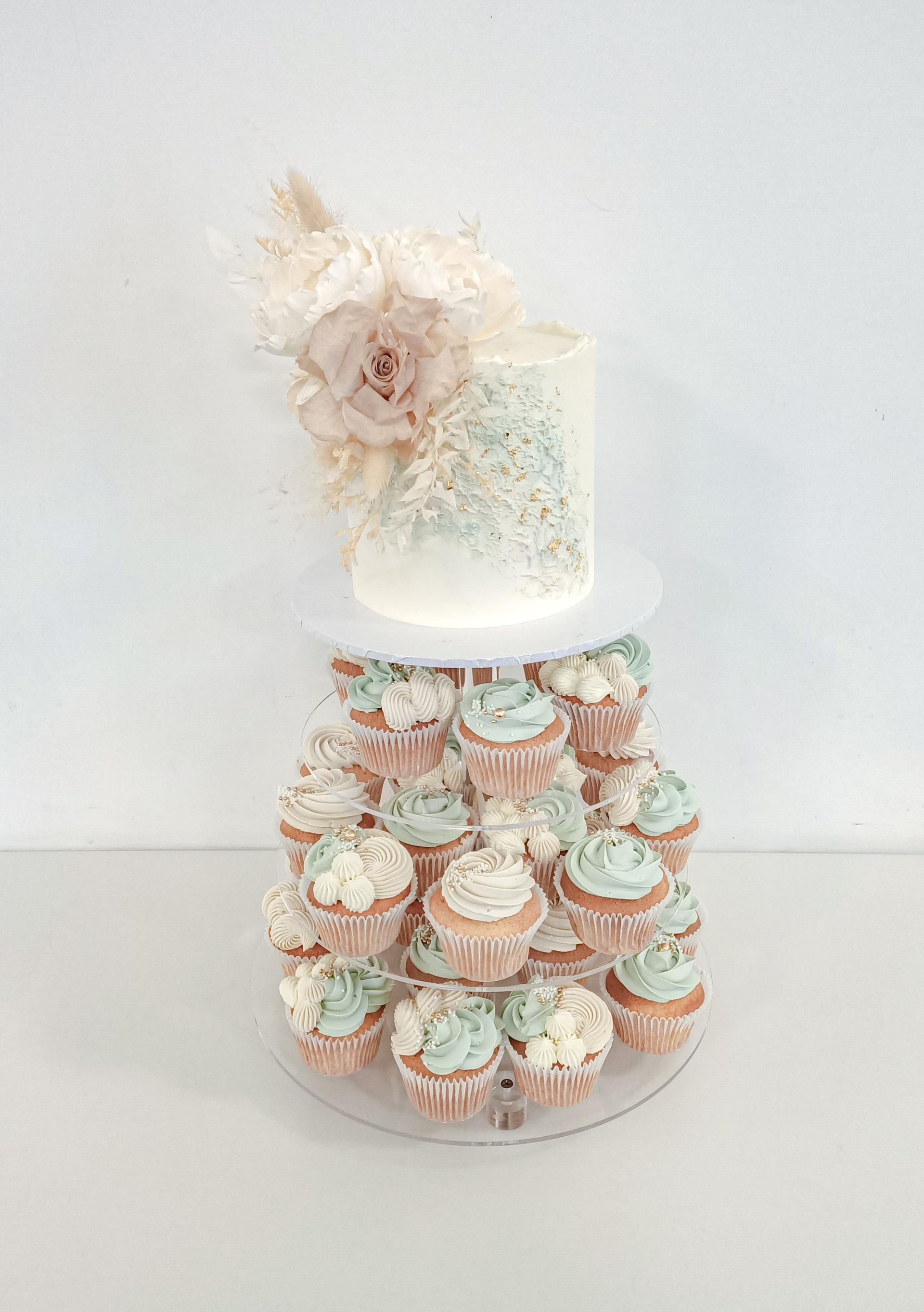 Wedding cake and cupcake tower on tiered stand GOod Coast