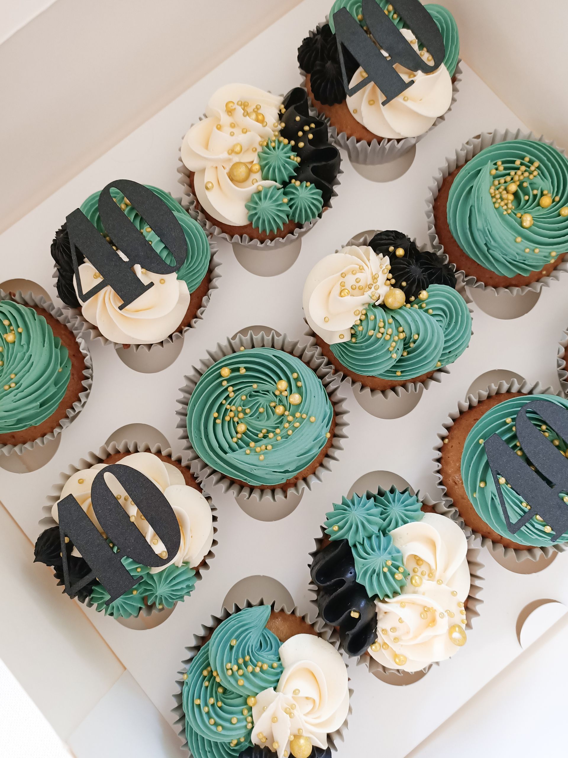 40th celebration cupcakes in emerald black and white Gold Coast