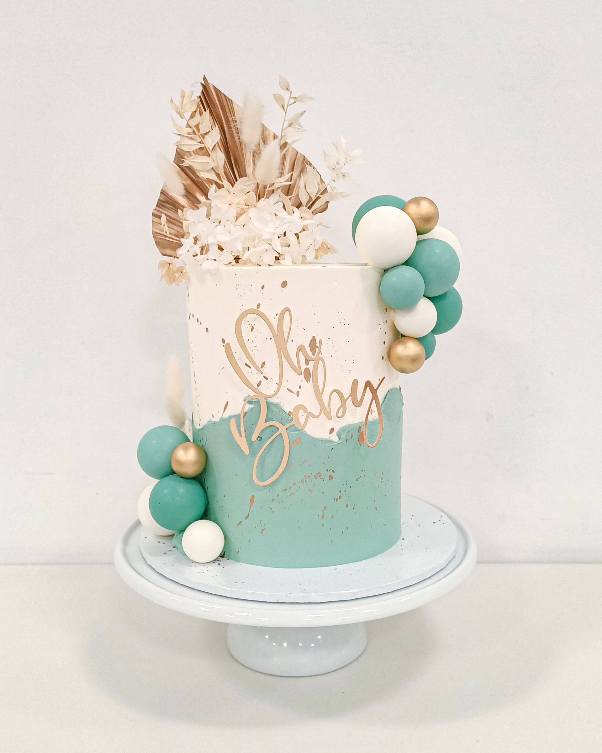 Sage and white baby shower cake Gold Coast