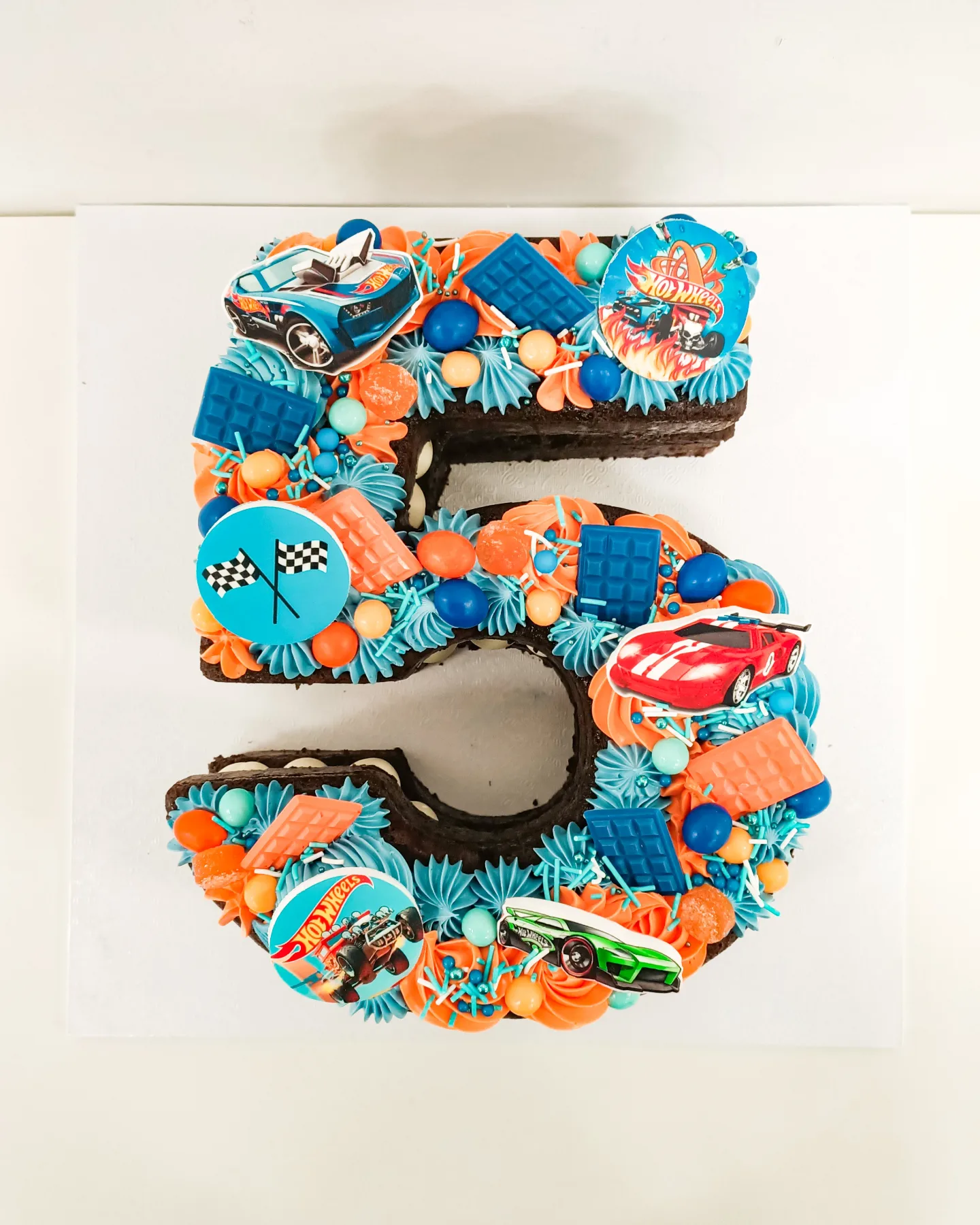 Hot wheels themed number 5 cake with decorations Gold Coast