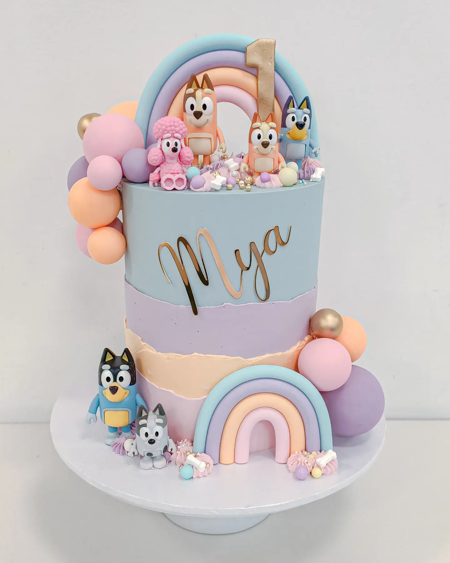 Pastel Bluey rainbow themed cake on the Gold Coast