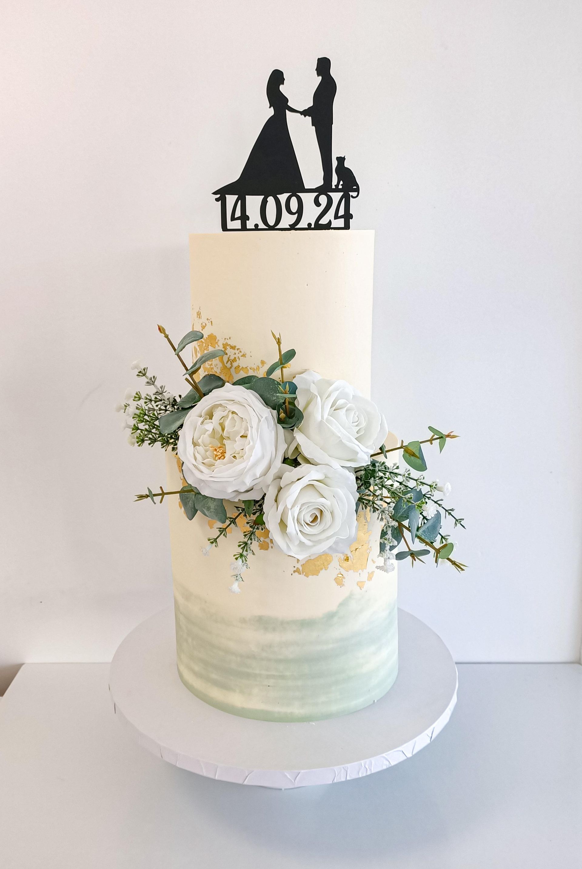 Two tier white and sage buttercream wedding cake with flowers Gold Coast