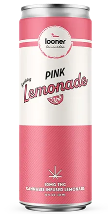 Pink Looner cannabis-infused lemonade can, pink and white design with logo, text: Pink Lemonade, 10mg THC.