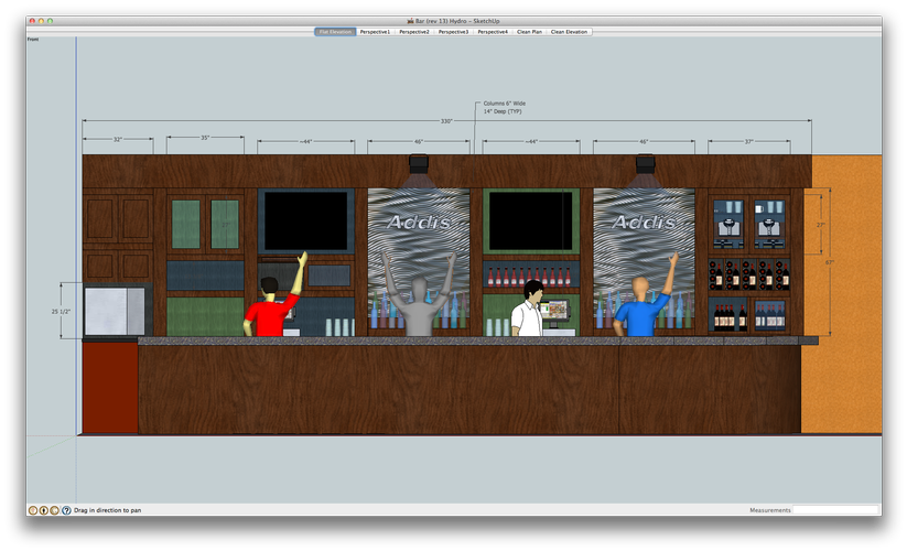 A drawing of a bar with people behind it