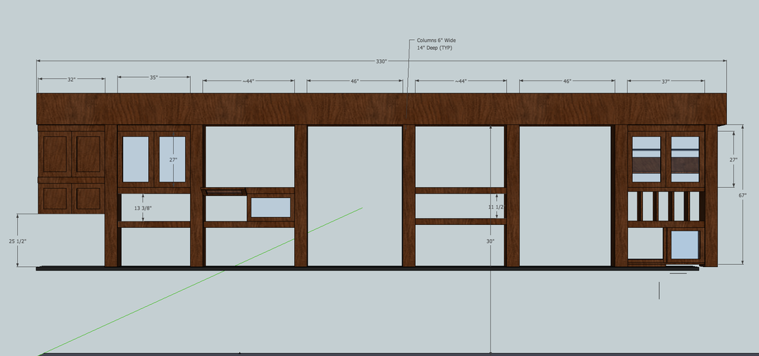 A drawing of a building with a lot of windows and doors