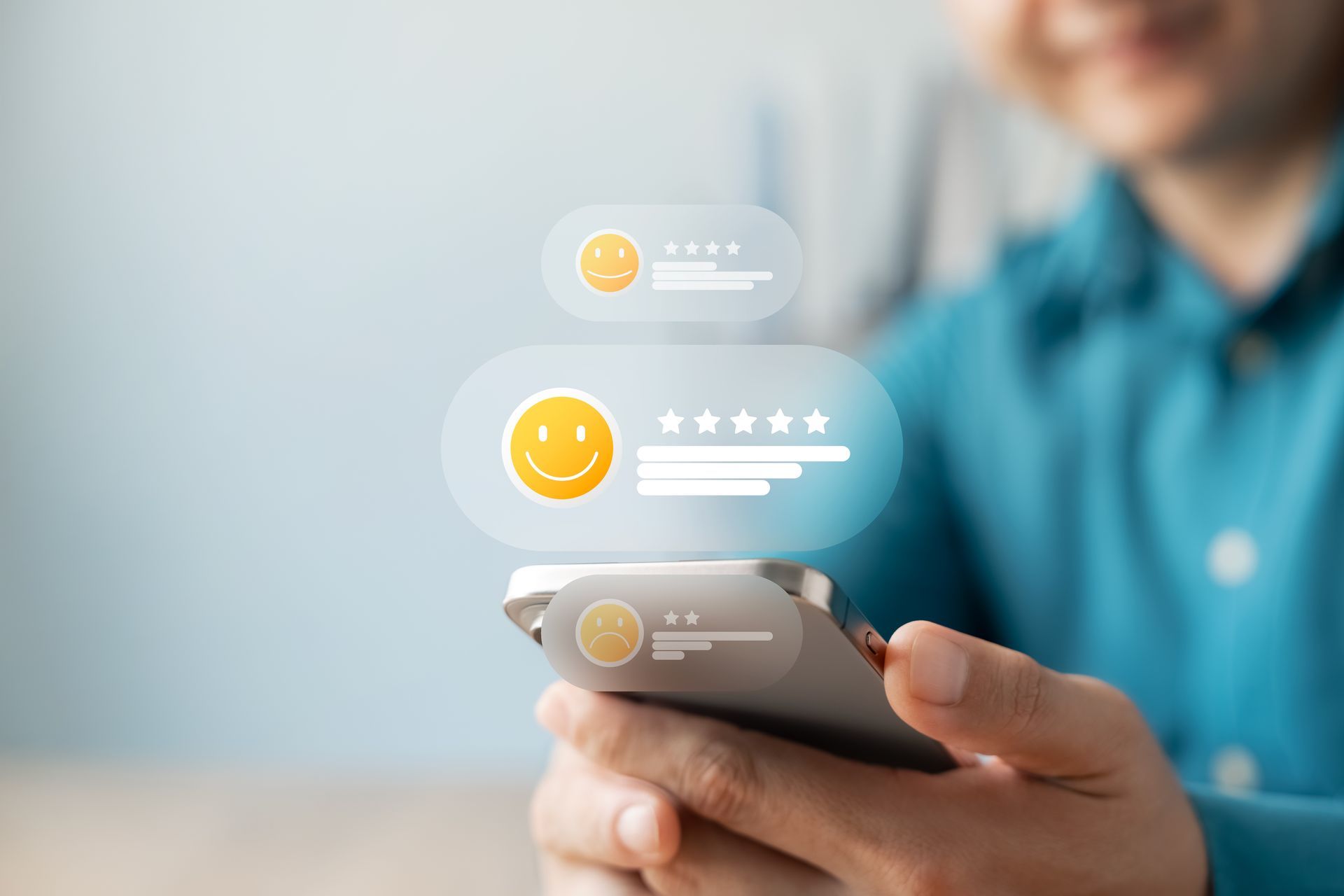 Person holding a phone, interacting with floating review icons. Smiley faces and star ratings displayed. Person holding a phone, interacting with floating review icons. Smiley faces and star ratings displayed.