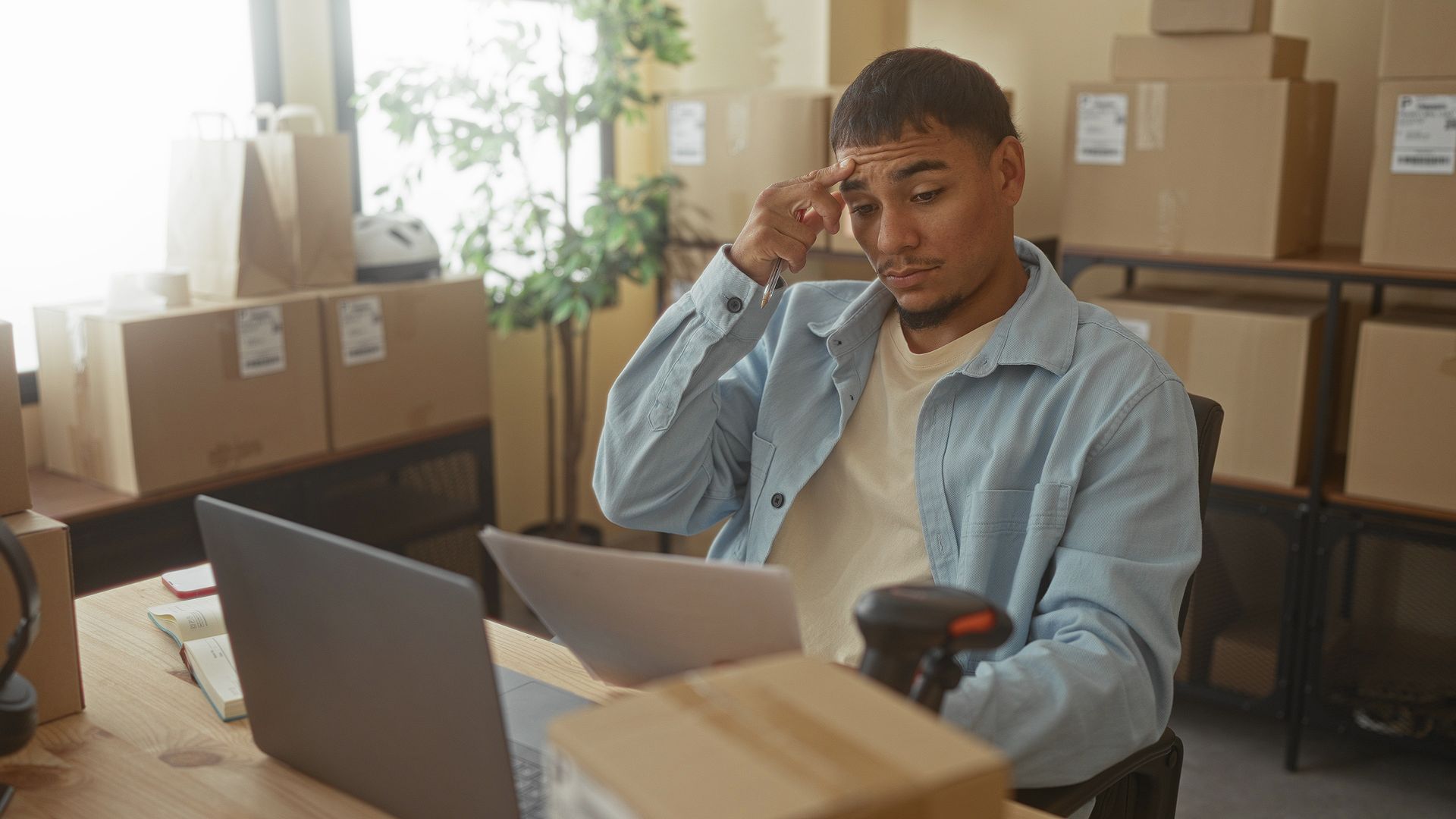 A person sits at a desk with a laptop and boxes, looking at a document and touching their forehead in thought. A person sits at a desk with a laptop and boxes, looking at a document and touching their forehead in thought.