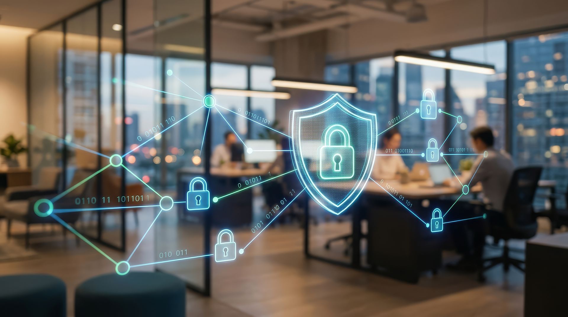 Office meeting room with glowing cybersecurity shield and network icons over blurred coworkers and glass walls Office meeting room with glowing cybersecurity shield and network icons over blurred coworkers and glass walls