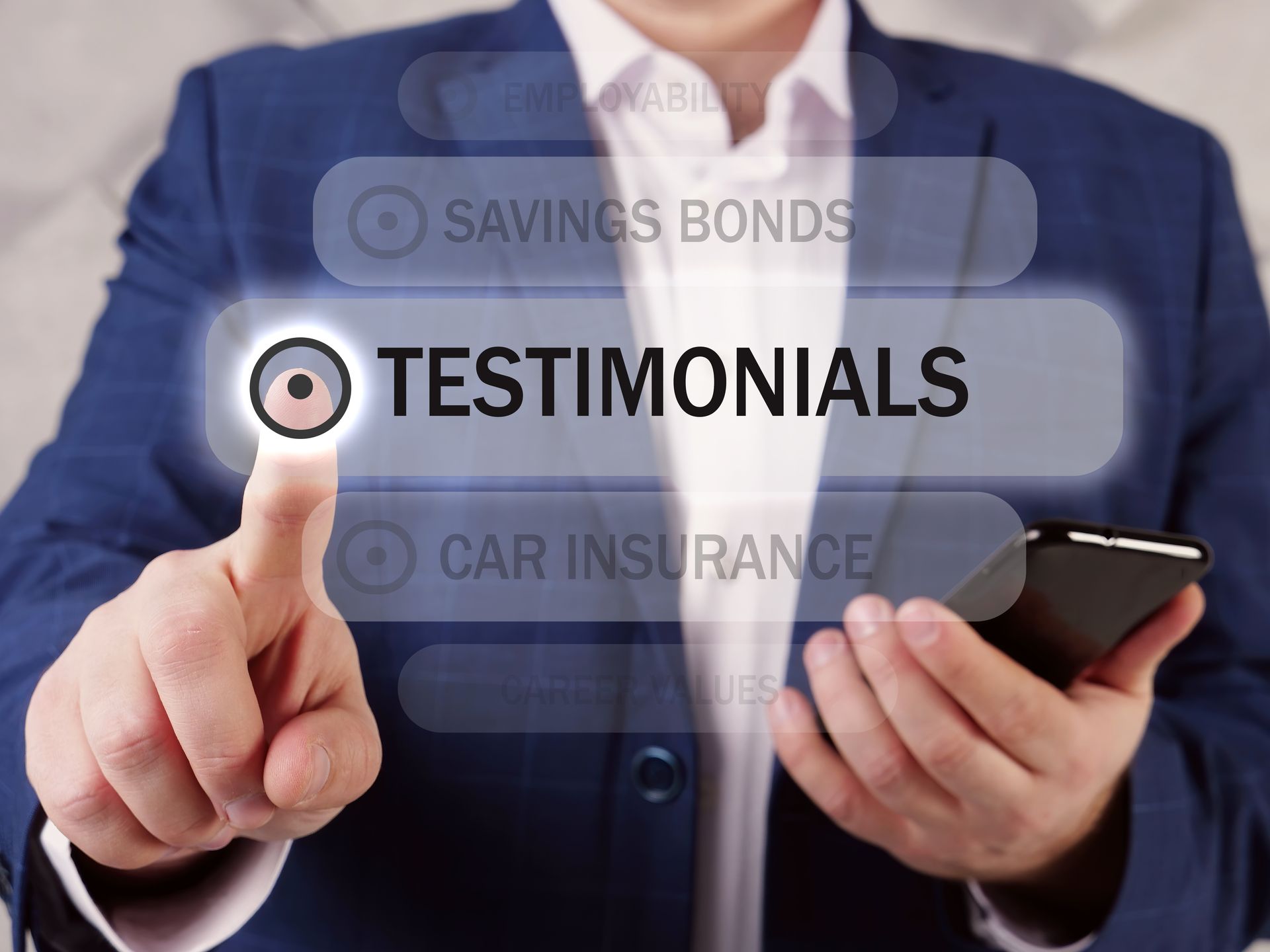 Person in a blue suit pointing to Testimonials on a virtual interface. Holding a phone. Person in a blue suit pointing to Testimonials on a virtual interface. Holding a phone.