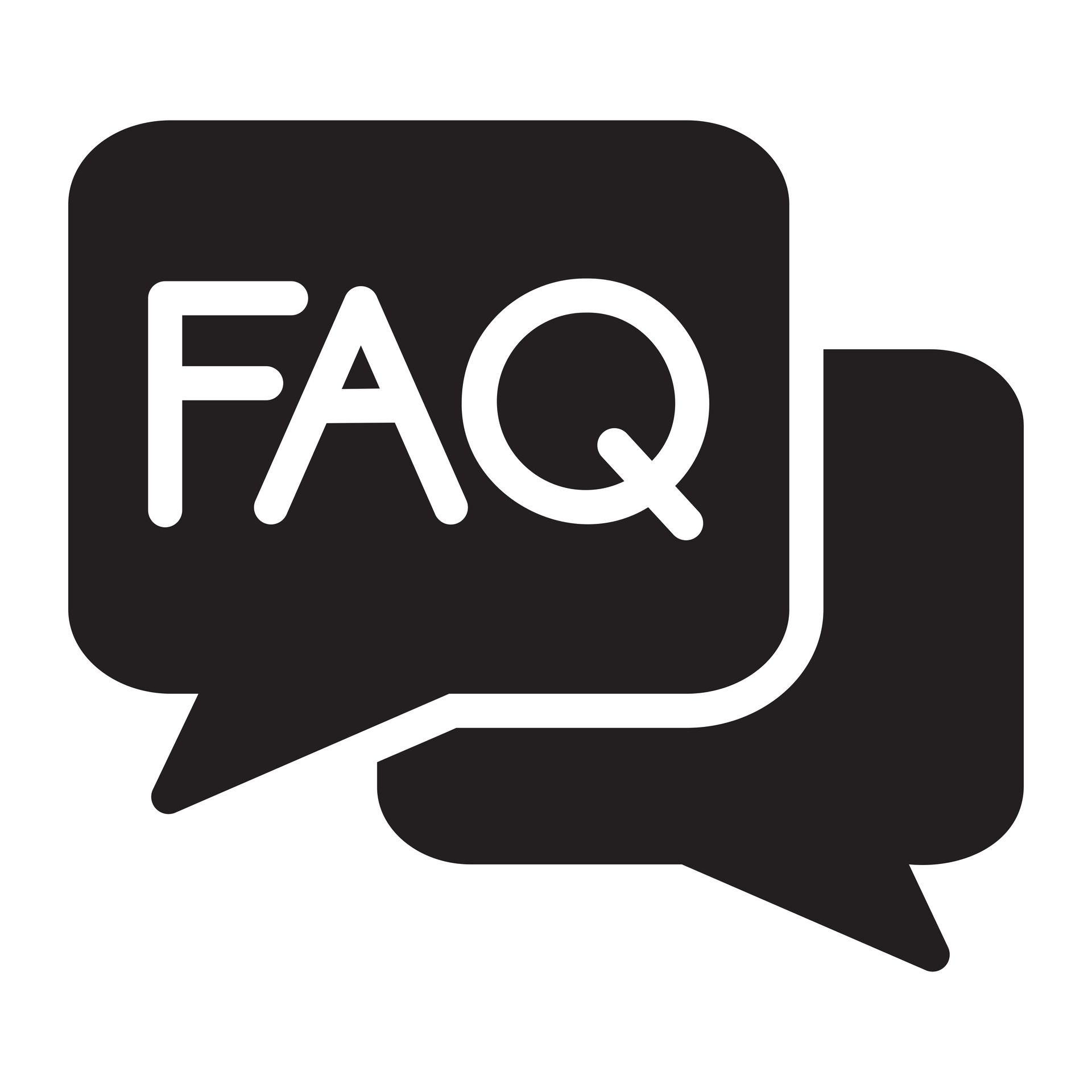 Black speech bubbles with white “FAQ” text, representing frequently asked questions. Black speech bubbles with white “FAQ” text, representing frequently asked questions.