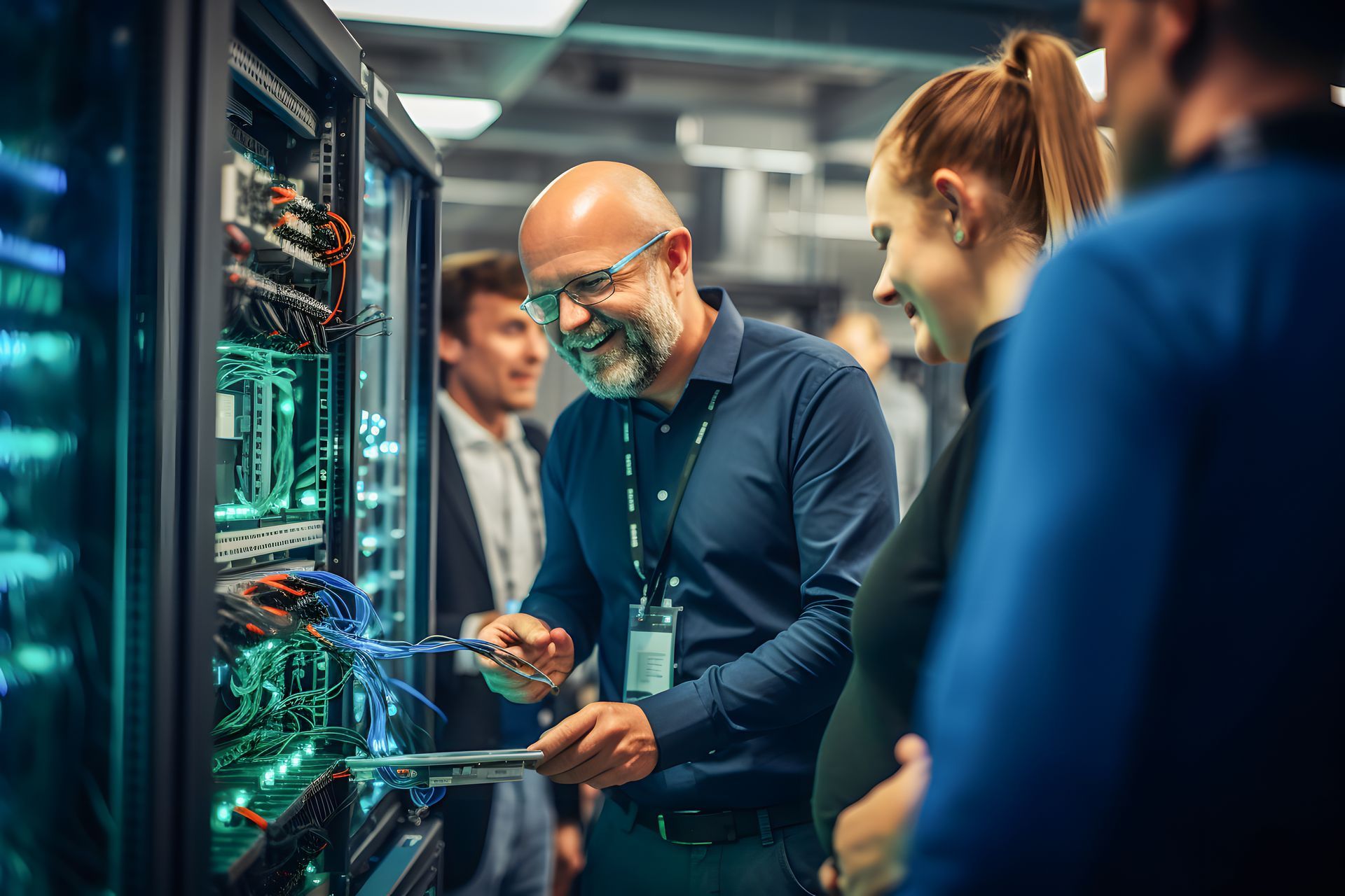Engineers examining server racks in a data center, with glowing cables and monitors Engineers examining server racks in a data center, with glowing cables and monitors