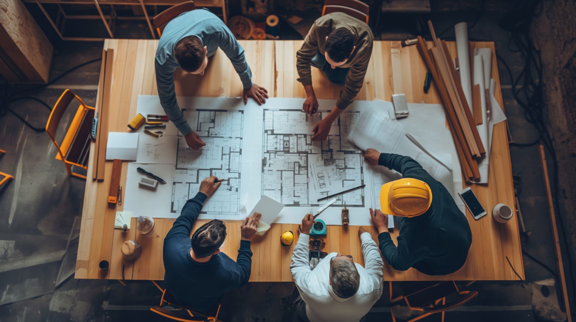 Team collaborating around architectural blueprints on a wooden table, viewed from above Team collaborating around architectural blueprints on a wooden table, viewed from above