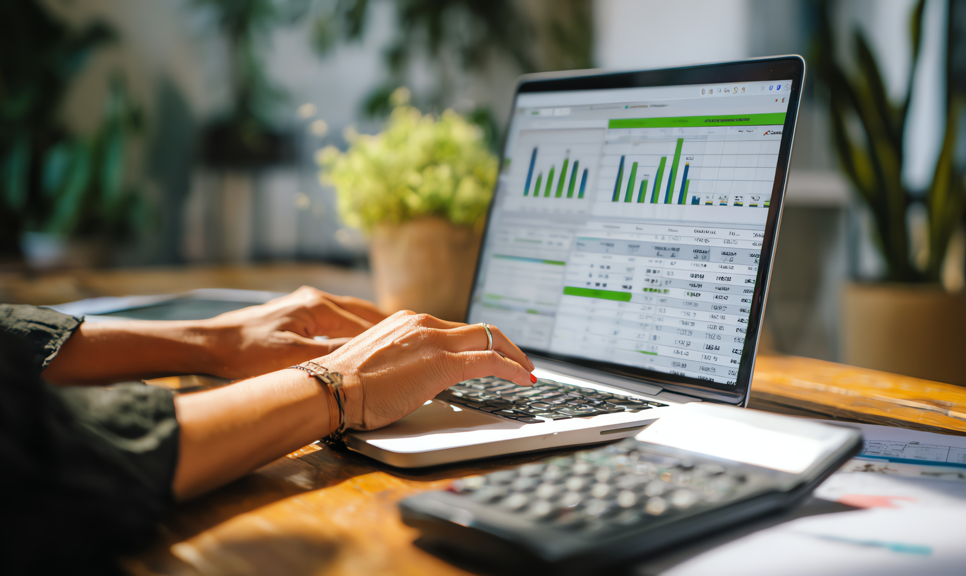 Person typing on laptop, viewing financial charts and spreadsheets, with calculator. Person typing on laptop, viewing financial charts and spreadsheets, with calculator.