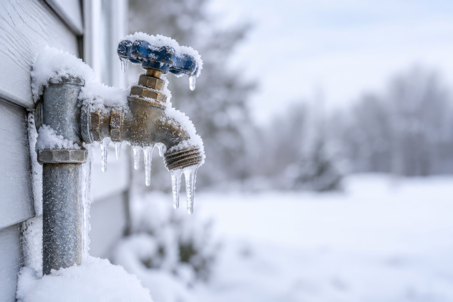 Frozen outdoor water faucet covered with frost and icicles during winter