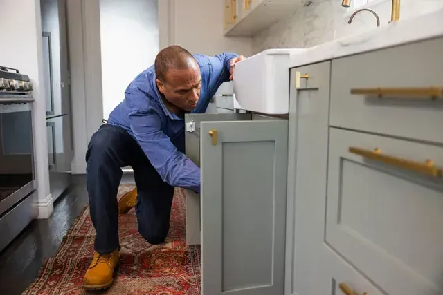 Man checking under cabinet while kneeling in kitchen. Man checking under cabinet while kneeling in kitchen.