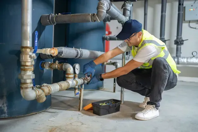 A technician in safety gear adjusts industrial pipes in a commercial plumbing environment.