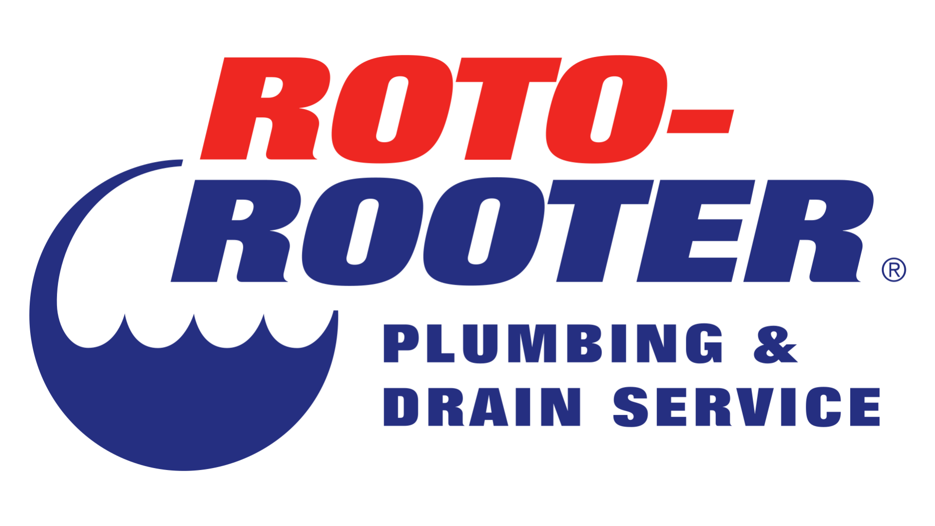 Roto-Rooter plumbing and drain service logo in red and blue with a stylized pipe and water drop Roto-Rooter plumbing and drain service logo in red and blue with a stylized pipe and water drop