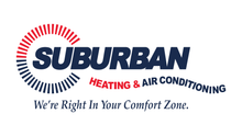 Suburban Heating & Air Conditioning logo with red sunburst and slogan We’re Right in Your Comfort Zone.