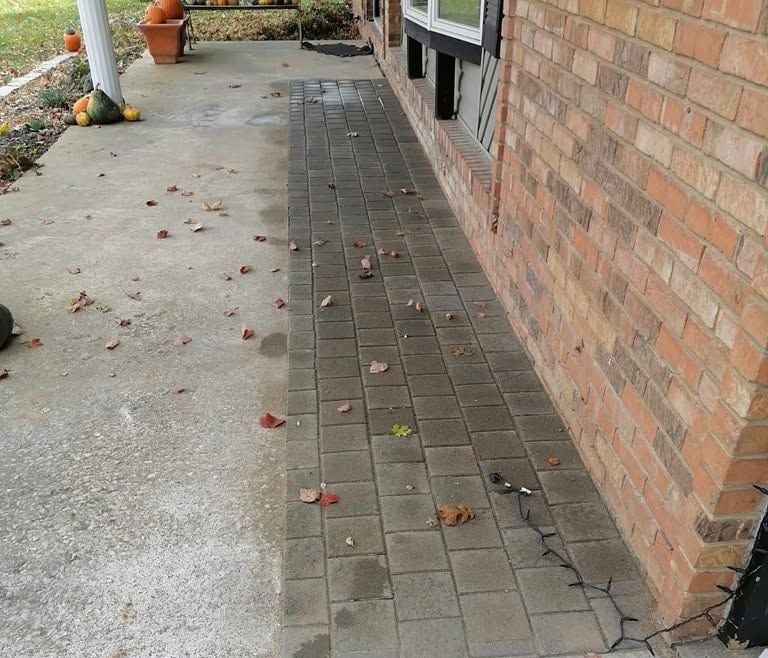 Brick walkway beside a house, with scattered leaves and a small orange cone near the curb.