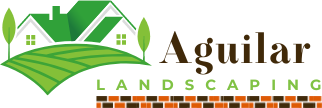 Aguilar Landscaping logo with green house, hills, and brown text on white background