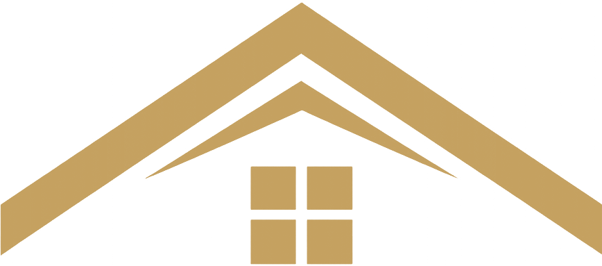 Gold icon of a stylized roof peak above a four-pane window square.