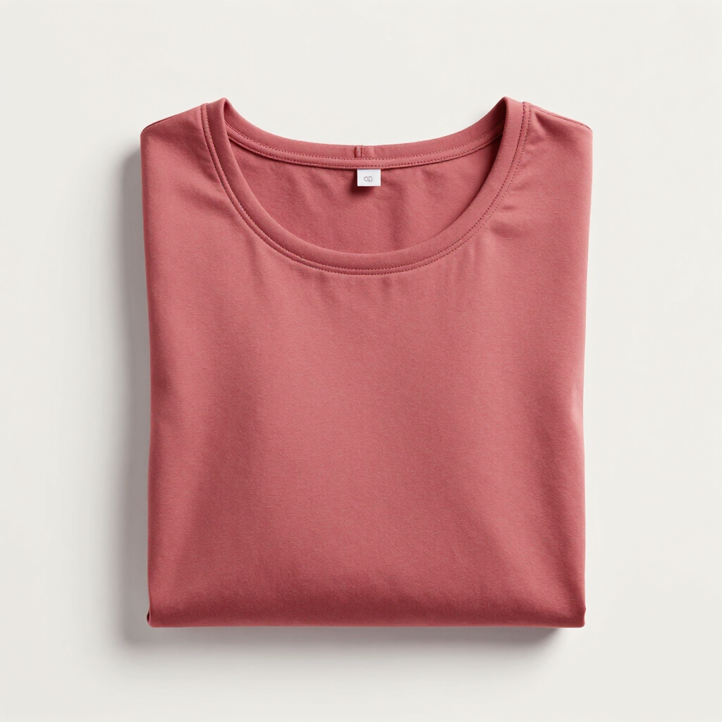 Camiseta rosa de cuello redondo doblada sobre un fondo claro.