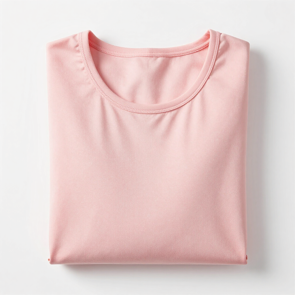 Camiseta rosa claro doblada sobre fondo blanco