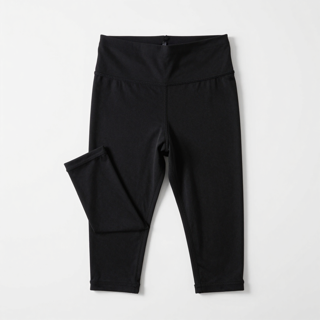 Mallas deportivas negras con bolsillo lateral, extendidas sobre un fondo blanco.