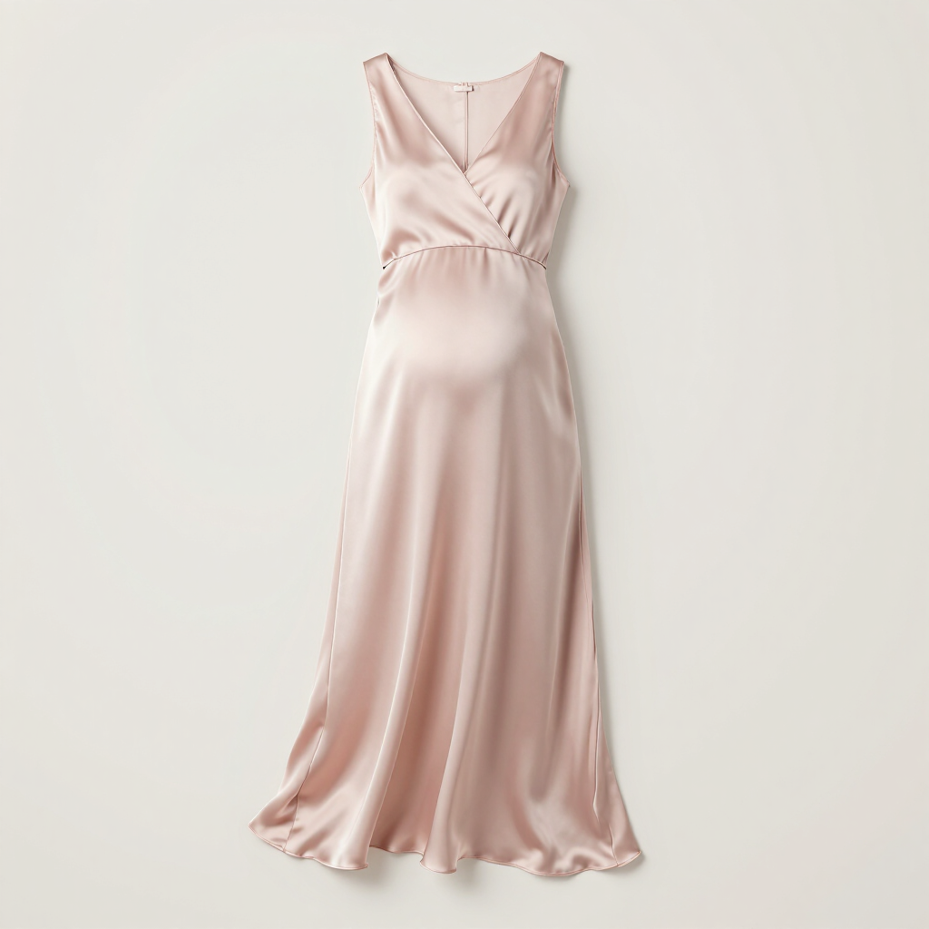 Vestido largo de satén rosa palo sin mangas con escote en V y cintura fruncida sobre fondo blanco.