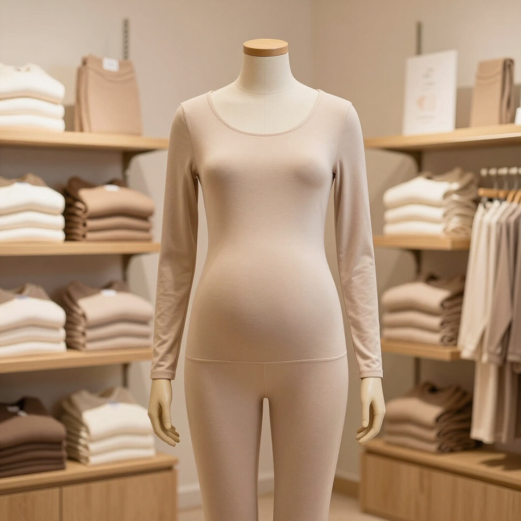 Maniquí beige con un conjunto a juego de top de manga larga y pantalón en el escaparate de una tienda de ropa.
