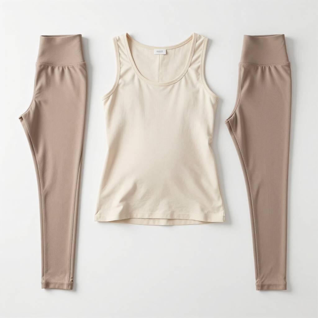 Camiseta sin mangas beige con leggings color topo extendidos sobre un fondo blanco.