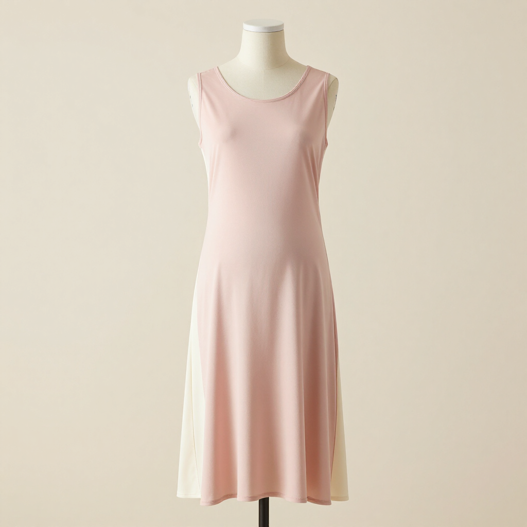 Vestido rosa pálido sin mangas sobre un maniquí con fondo beige.
