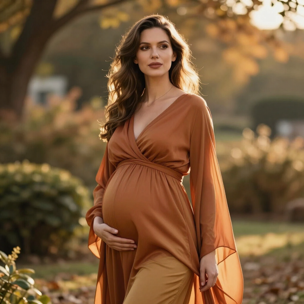 Mujer embarazada con un vestido color óxido de pie al aire libre bajo la cálida luz del sol.
