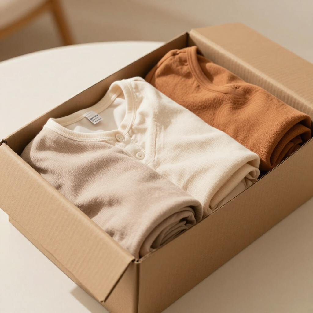 Suéteres beige y marrones doblados en una caja de cartón abierta.